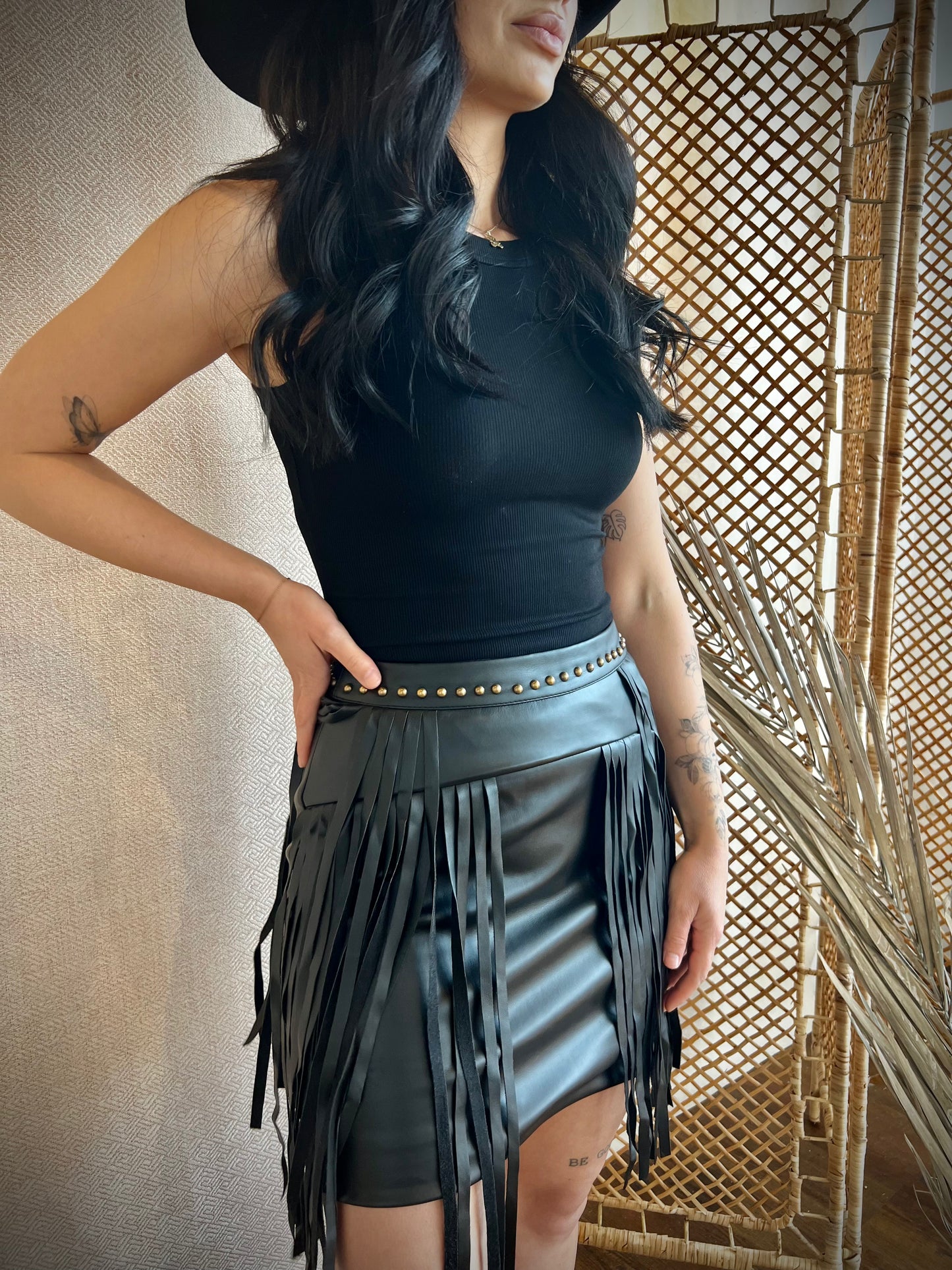 Faux Leather Fringe Mini Skirt
