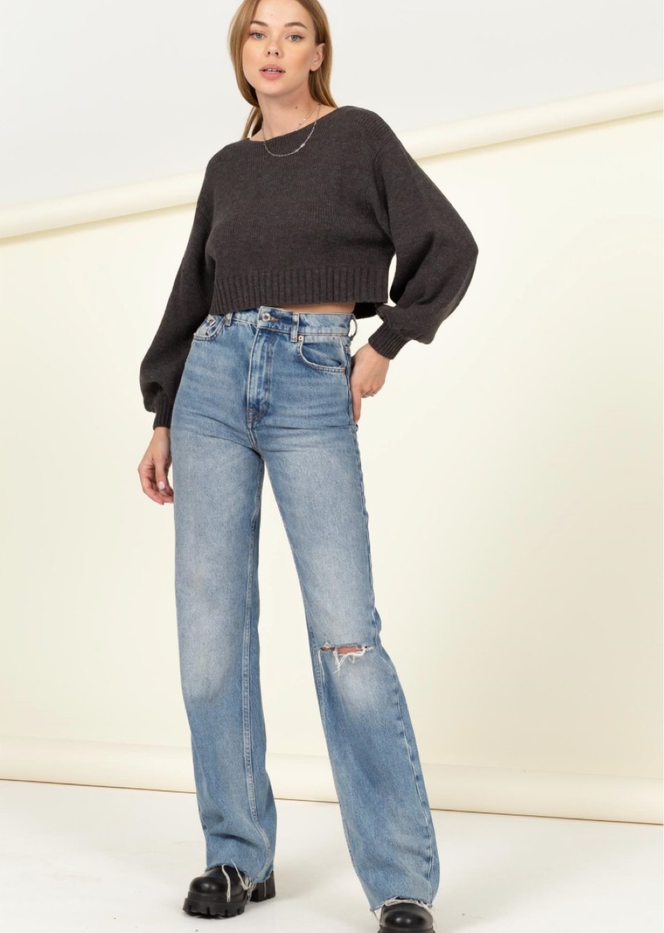 All To Myself Long Puff-Sleeve Cropped Sweater - the friday collective