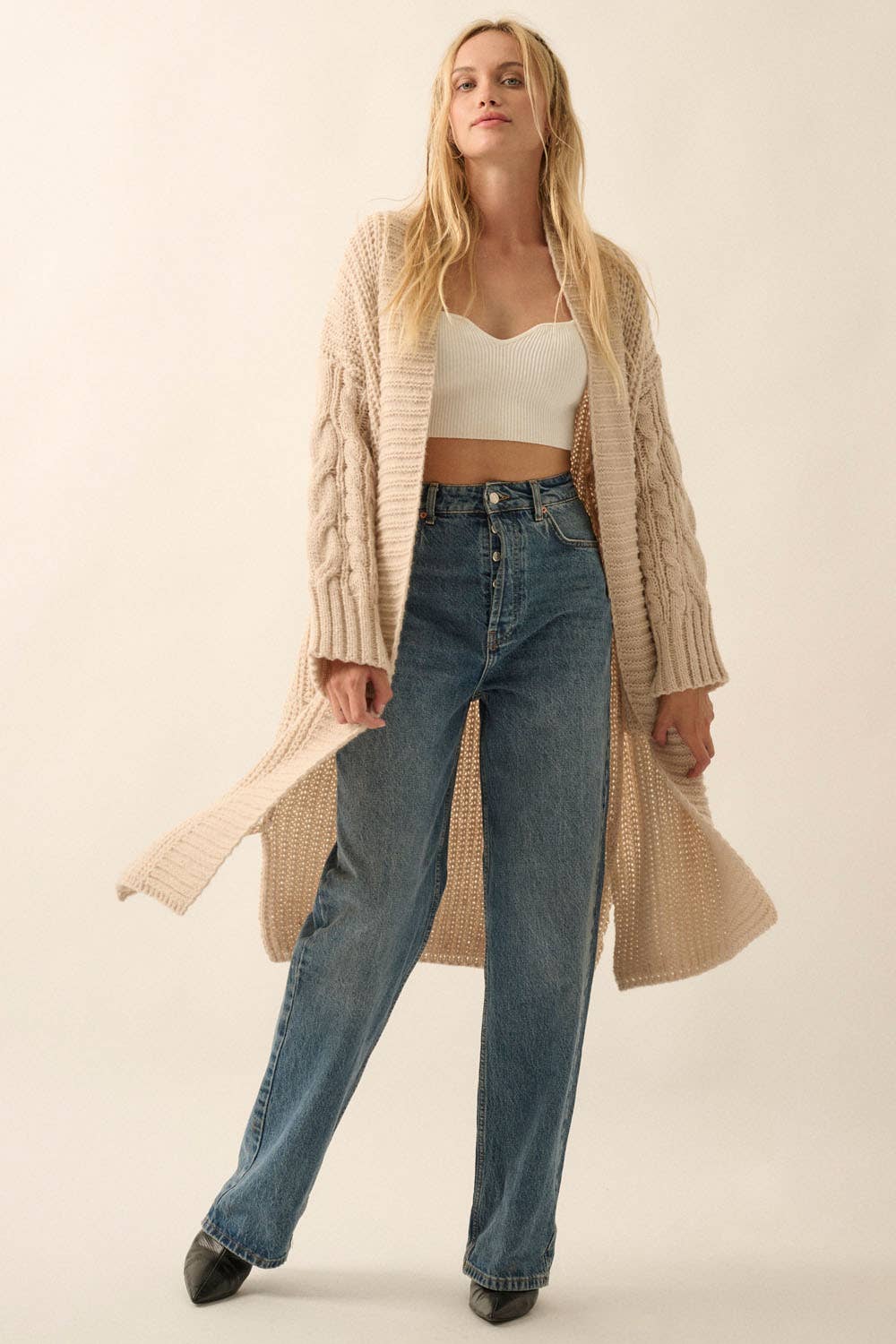 Solid Rib Knit Open Front Cable Knit Cardigan - the friday collective