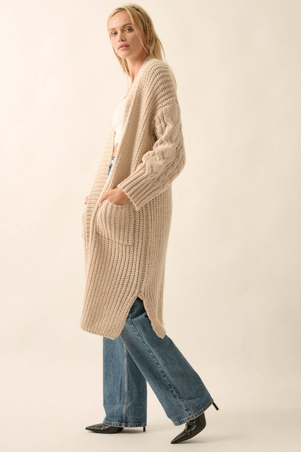 Solid Rib Knit Open Front Cable Knit Cardigan - the friday collective