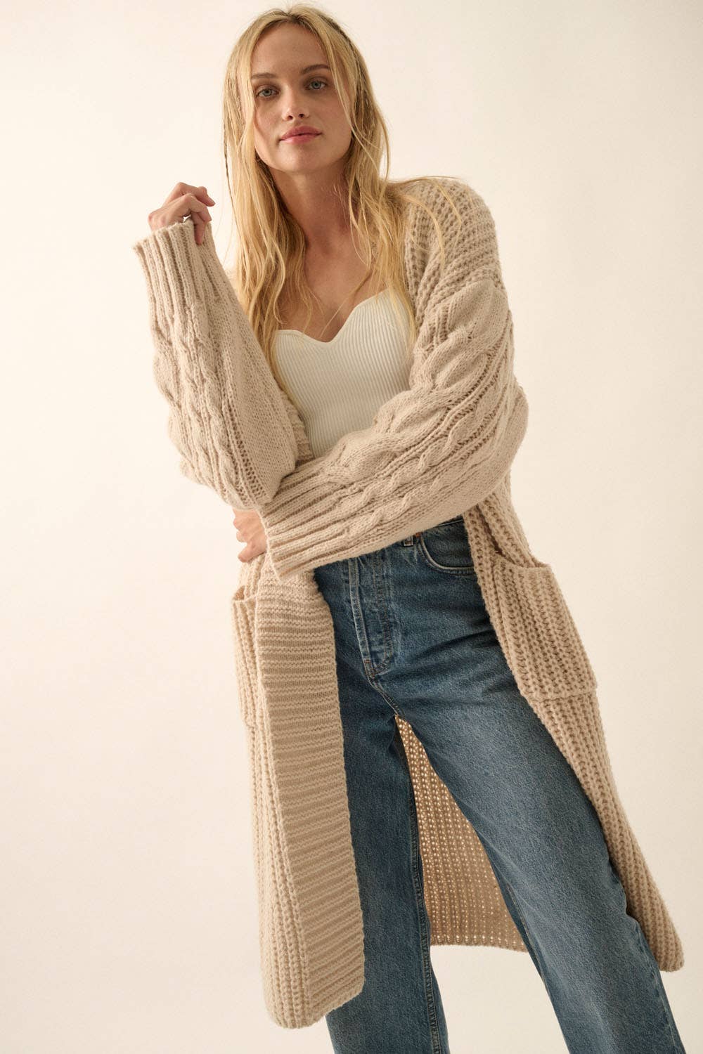 Solid Rib Knit Open Front Cable Knit Cardigan - the friday collective