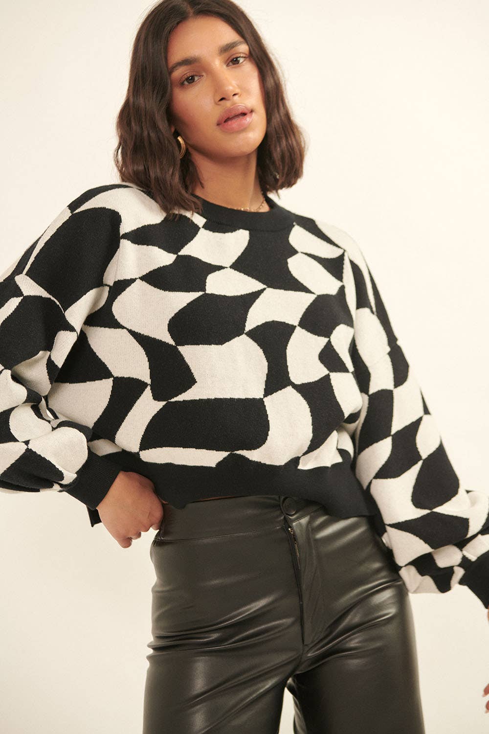 Abstract Round Neck Long Sleeve Knit Sweater - the friday collective