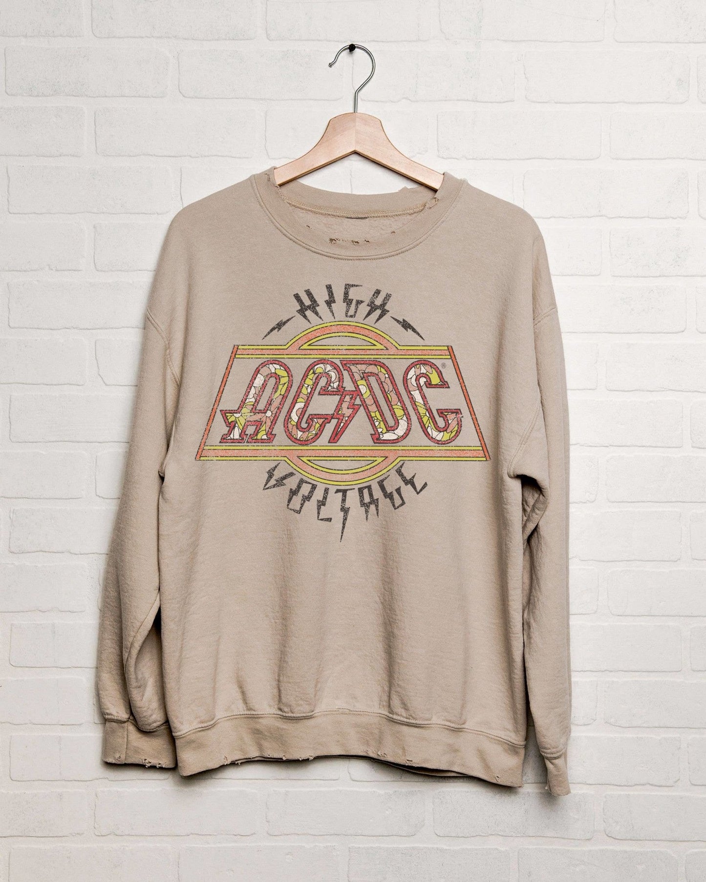 ACDC High Voltage Flower Sand Thrifted Graphic Sweatshirt - the friday collective