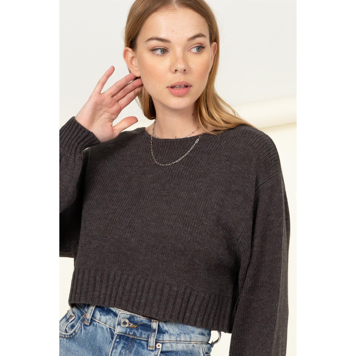 All To Myself Long Puff-Sleeve Cropped Sweater - the friday collective