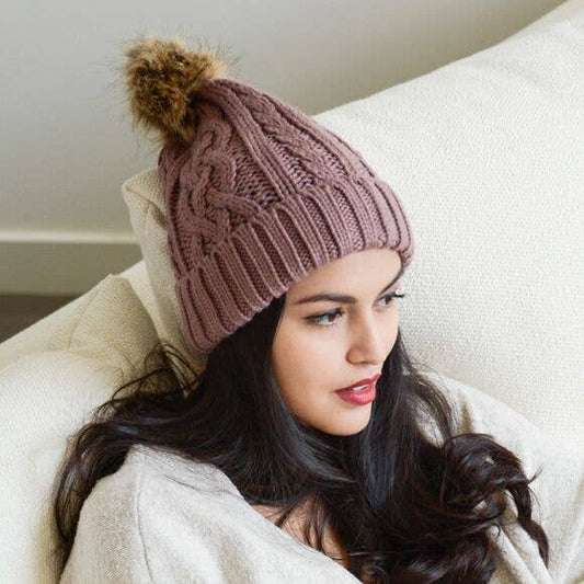 Cable Knit Beanie With Faux Fur Pom - the friday collective