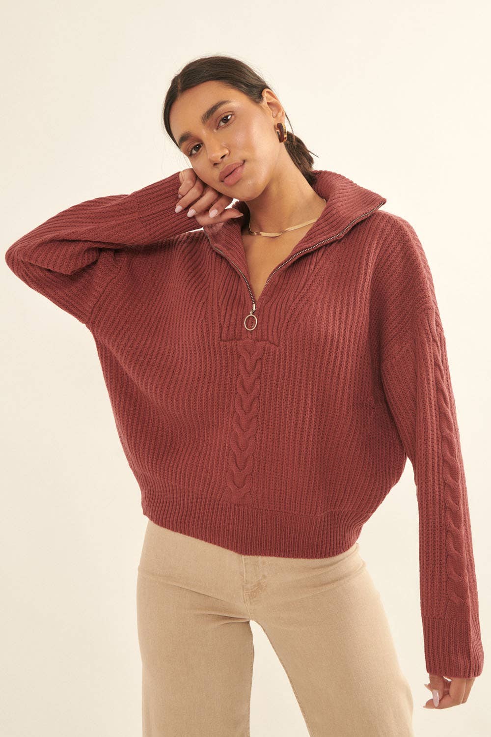 Cable Knit Half Zip Oversized Sweater - the friday collective