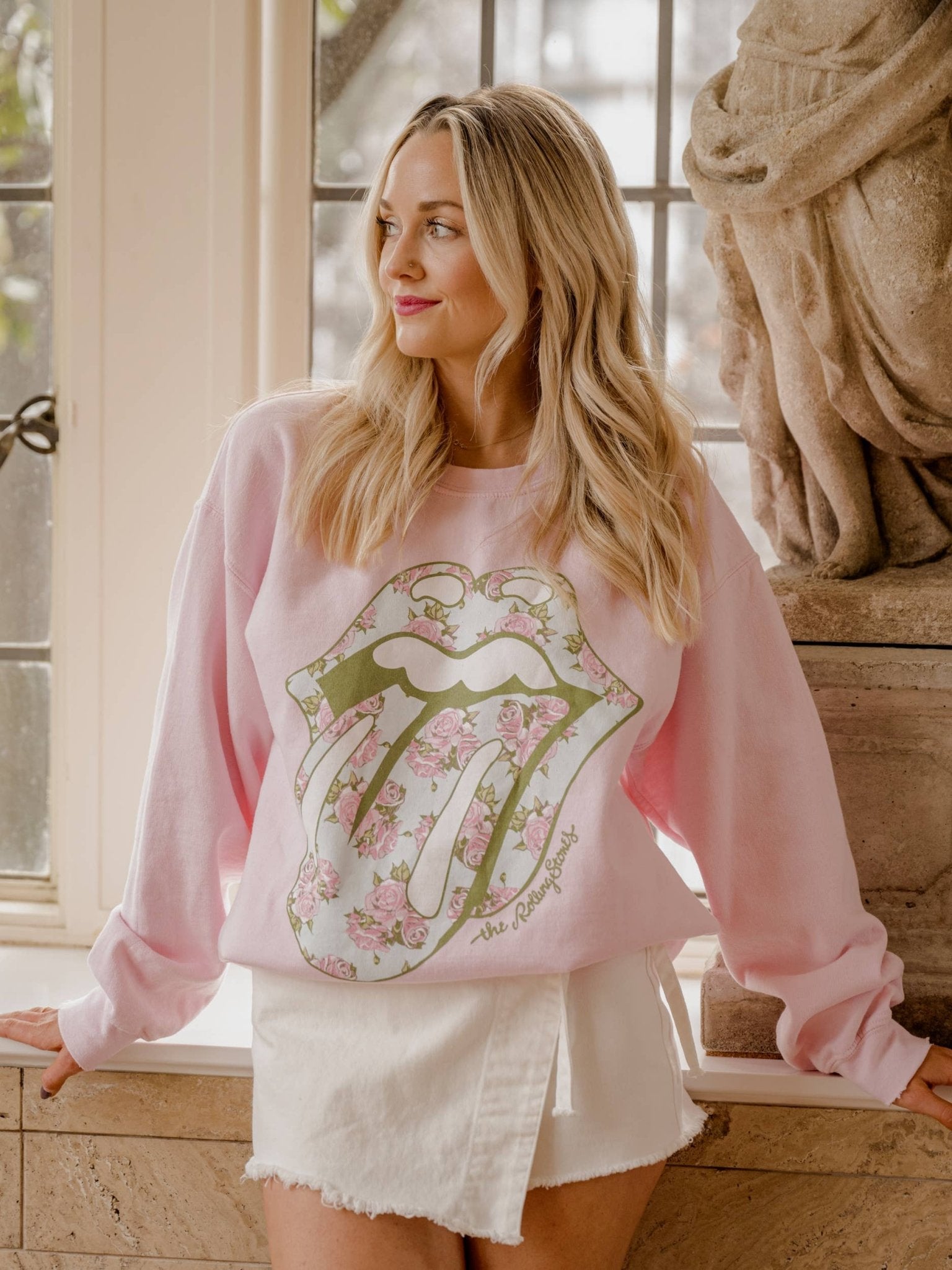 Rolling Stones Floral Lick Pink Thrifted Graphic Sweatshirt - the friday collective