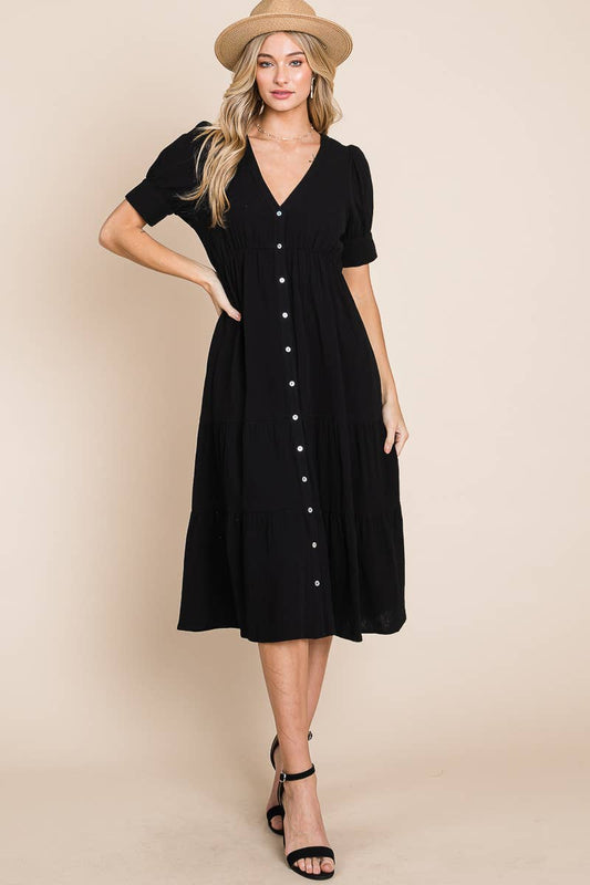 Short Sleeved Button Down Midi Dress - the friday collective