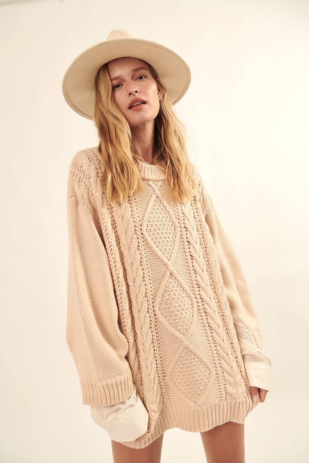 Solid Round Neck Oversize Cable Knit Sweater - the friday collective